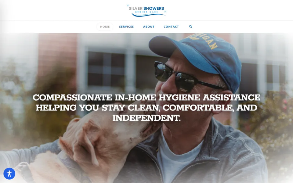 Silver Showers Senior Care desktop homepage with services navigation and an in-home hygiene assistance message over a photograph of a senior with a dog.